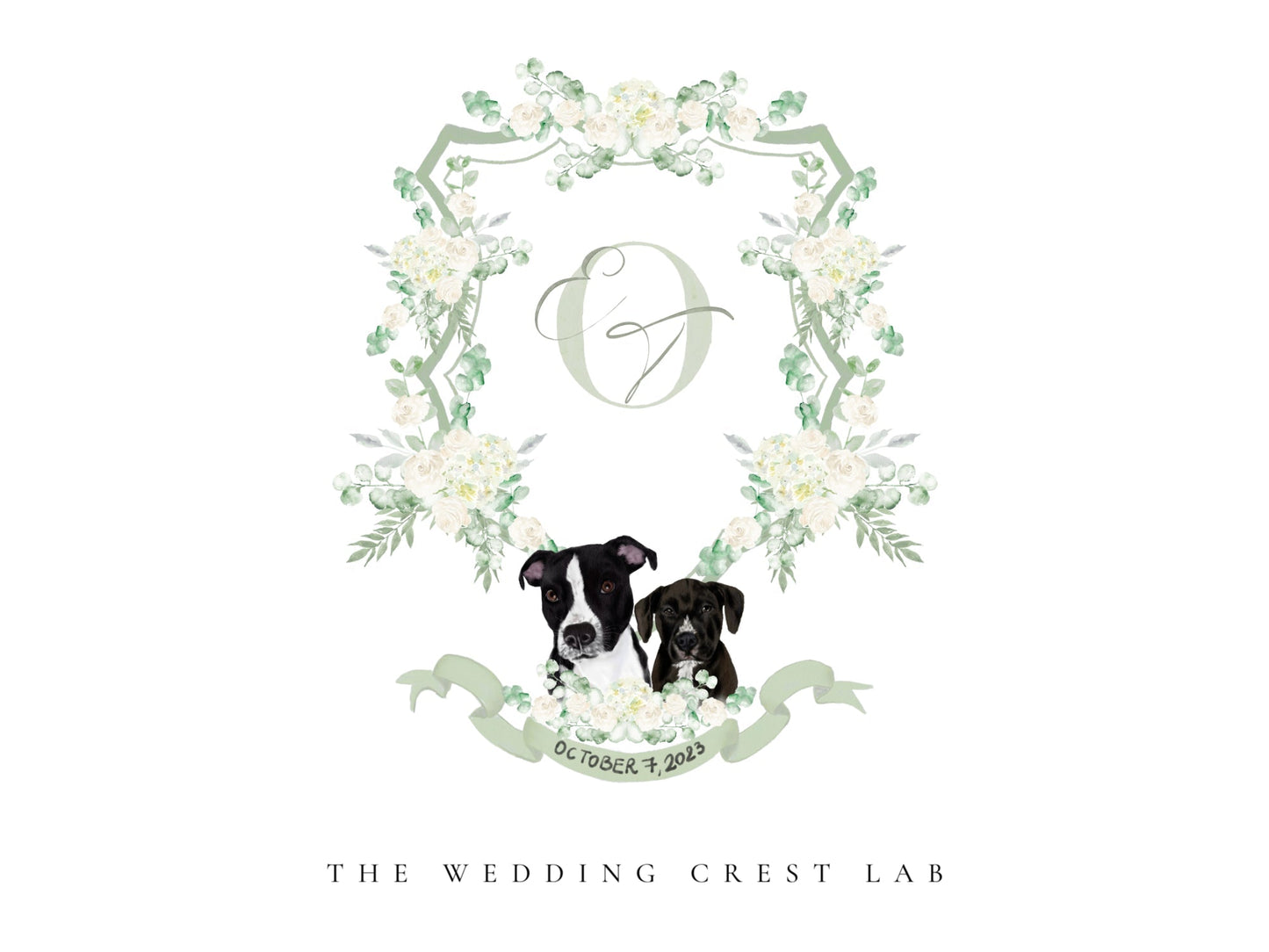 Custom wedding crest with watercolor flowers and pet or venue portrait The Wedding Crest Lab