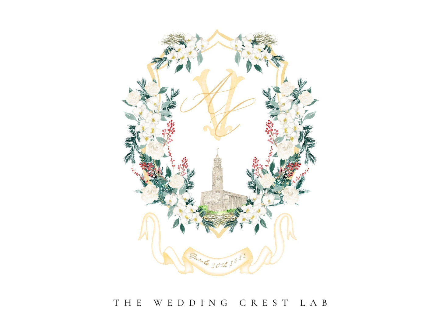 Custom wedding crest with watercolor flowers and pet or venue portrait The Wedding Crest Lab