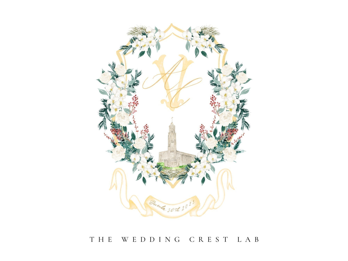 Custom wedding crest with watercolor flowers and pet or venue portrait The Wedding Crest Lab