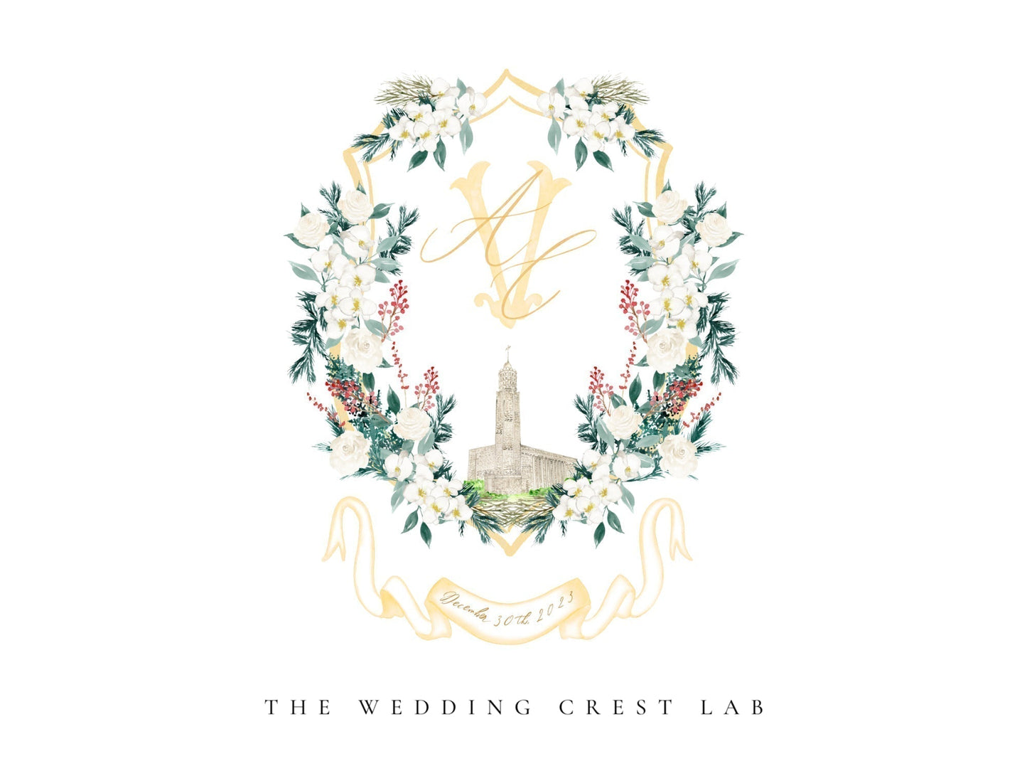 Custom wedding crest with watercolor flowers and pet or venue portrait The Wedding Crest Lab