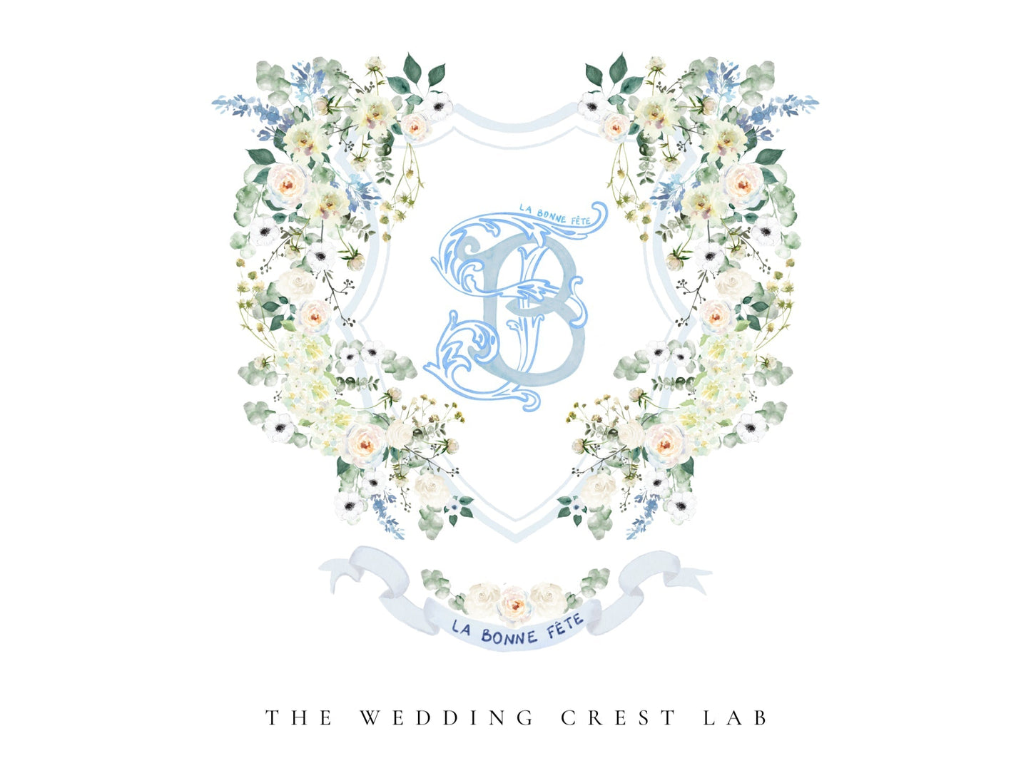 Custom wedding crest with watercolor flowers and pet or venue portrait The Wedding Crest Lab