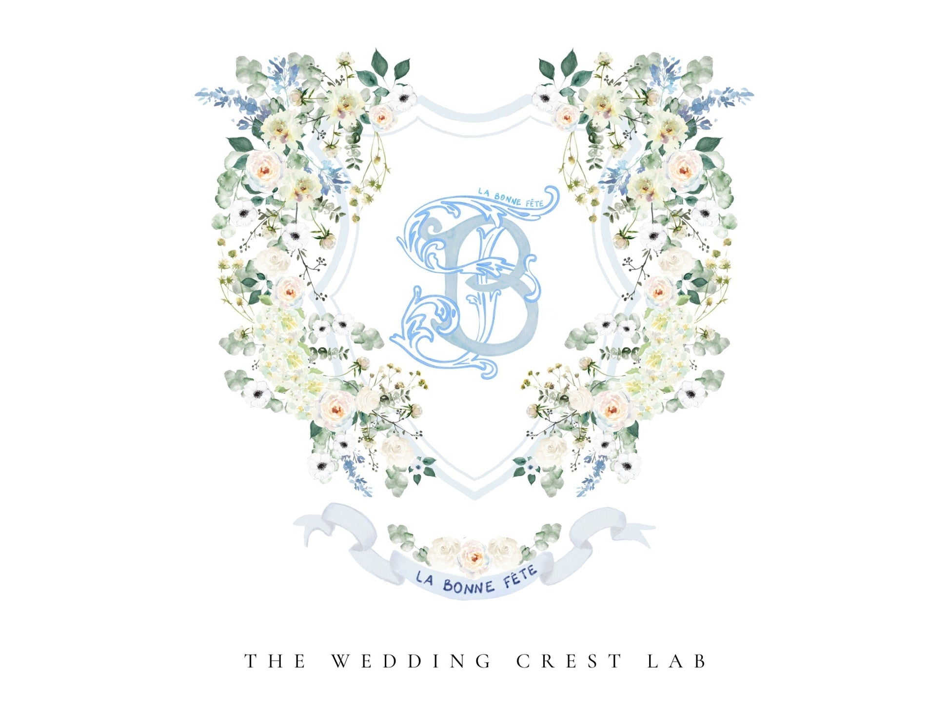 Custom wedding crest with watercolor flowers and pet or venue portrait The Wedding Crest Lab