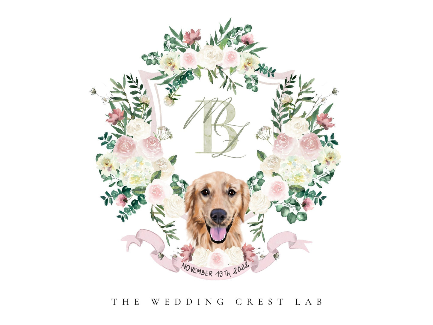 Custom wedding crest with watercolor flowers and pet or venue portrait The Wedding Crest Lab