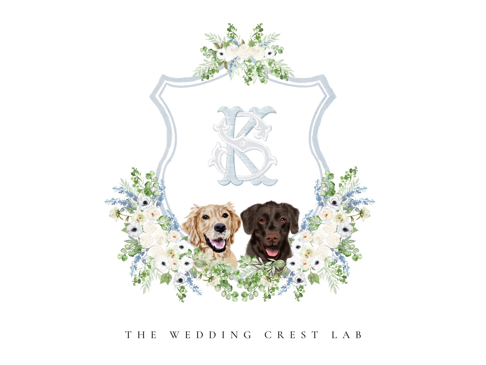 Custom wedding crest with watercolor flowers and pet or venue portrait The Wedding Crest Lab