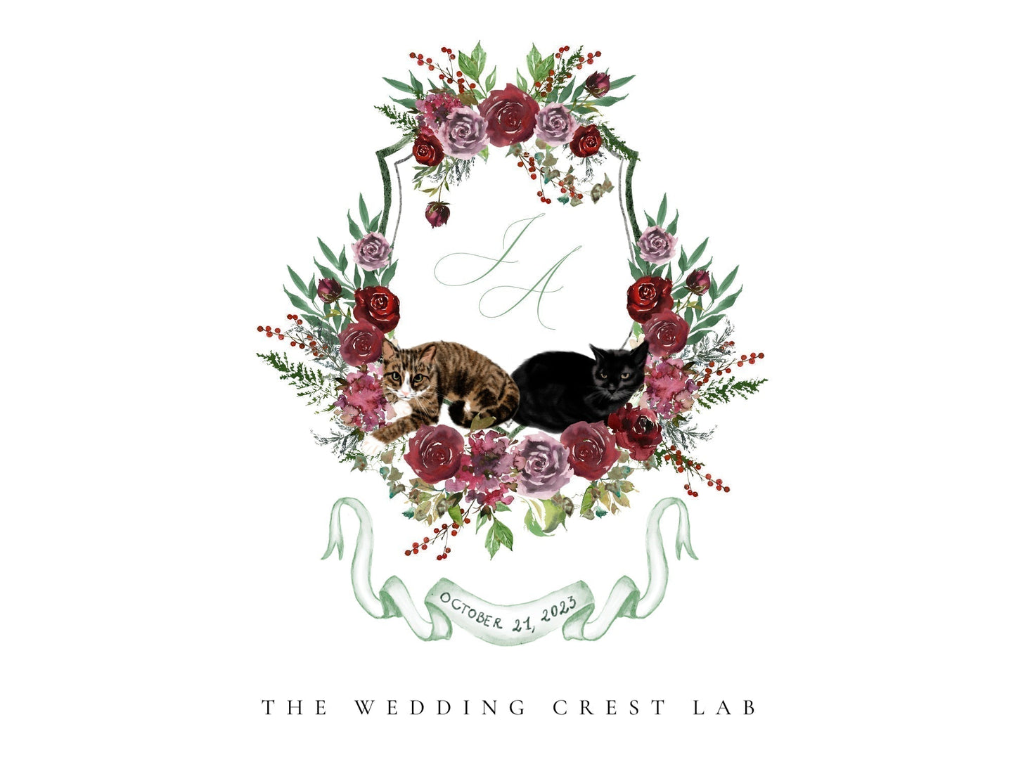 Custom wedding crest with watercolor flowers and pet or venue portrait The Wedding Crest Lab