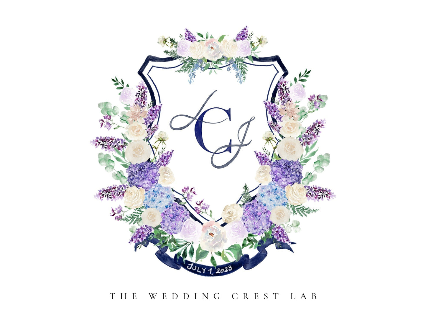 Custom wedding crest with watercolor flowers and pet or venue portrait The Wedding Crest Lab