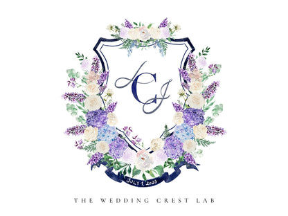 Custom wedding crest with watercolor flowers and pet or venue portrait The Wedding Crest Lab