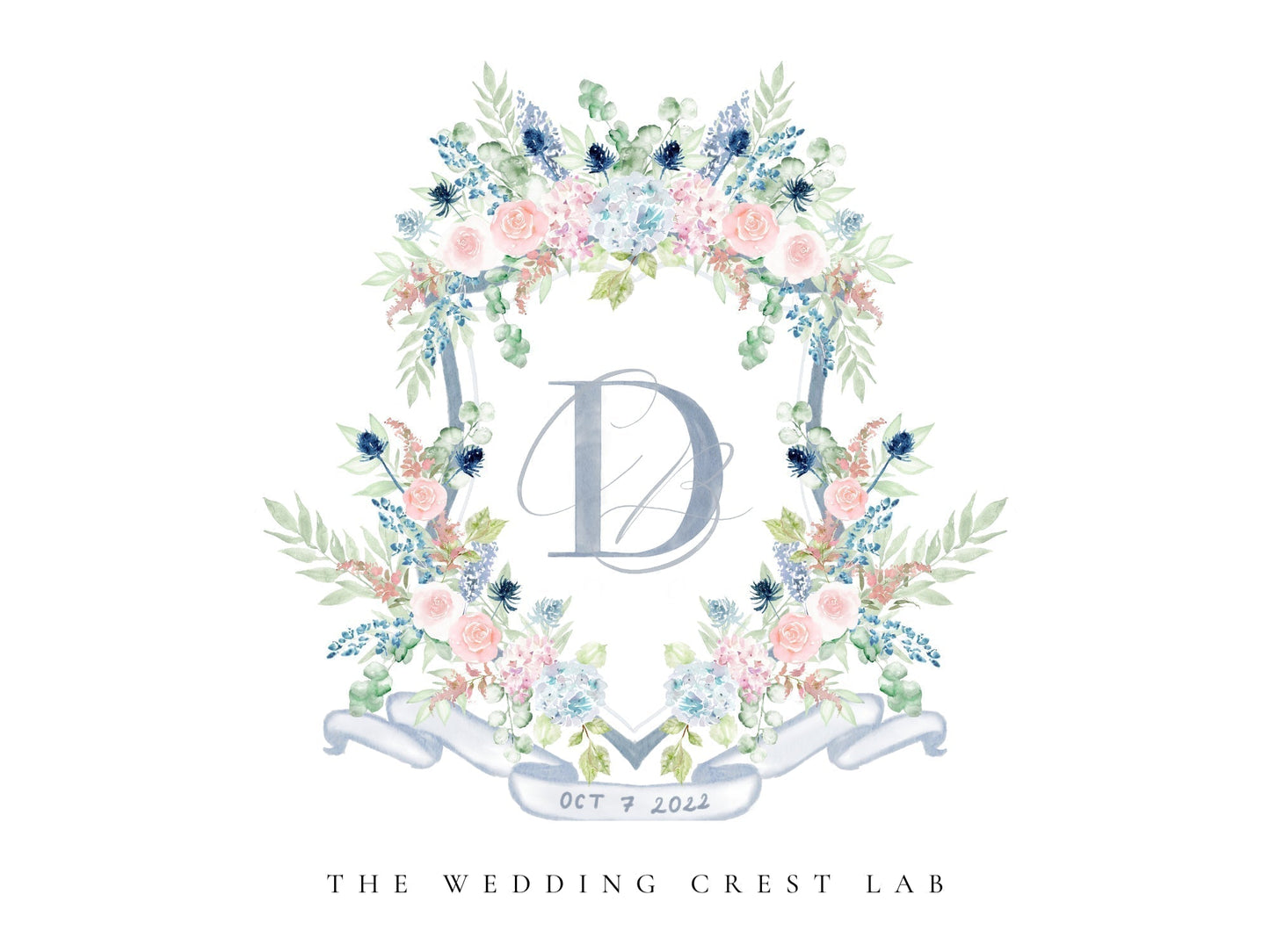 Custom wedding crest with watercolor flowers and pet or venue portrait The Wedding Crest Lab