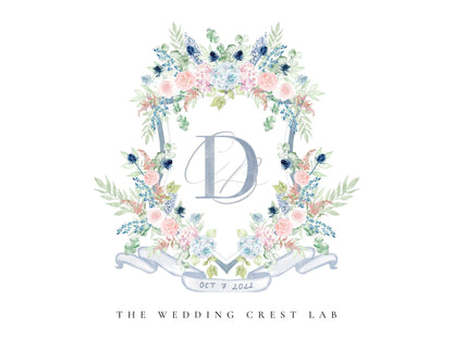 Custom wedding crest with watercolor flowers and pet or venue portrait The Wedding Crest Lab