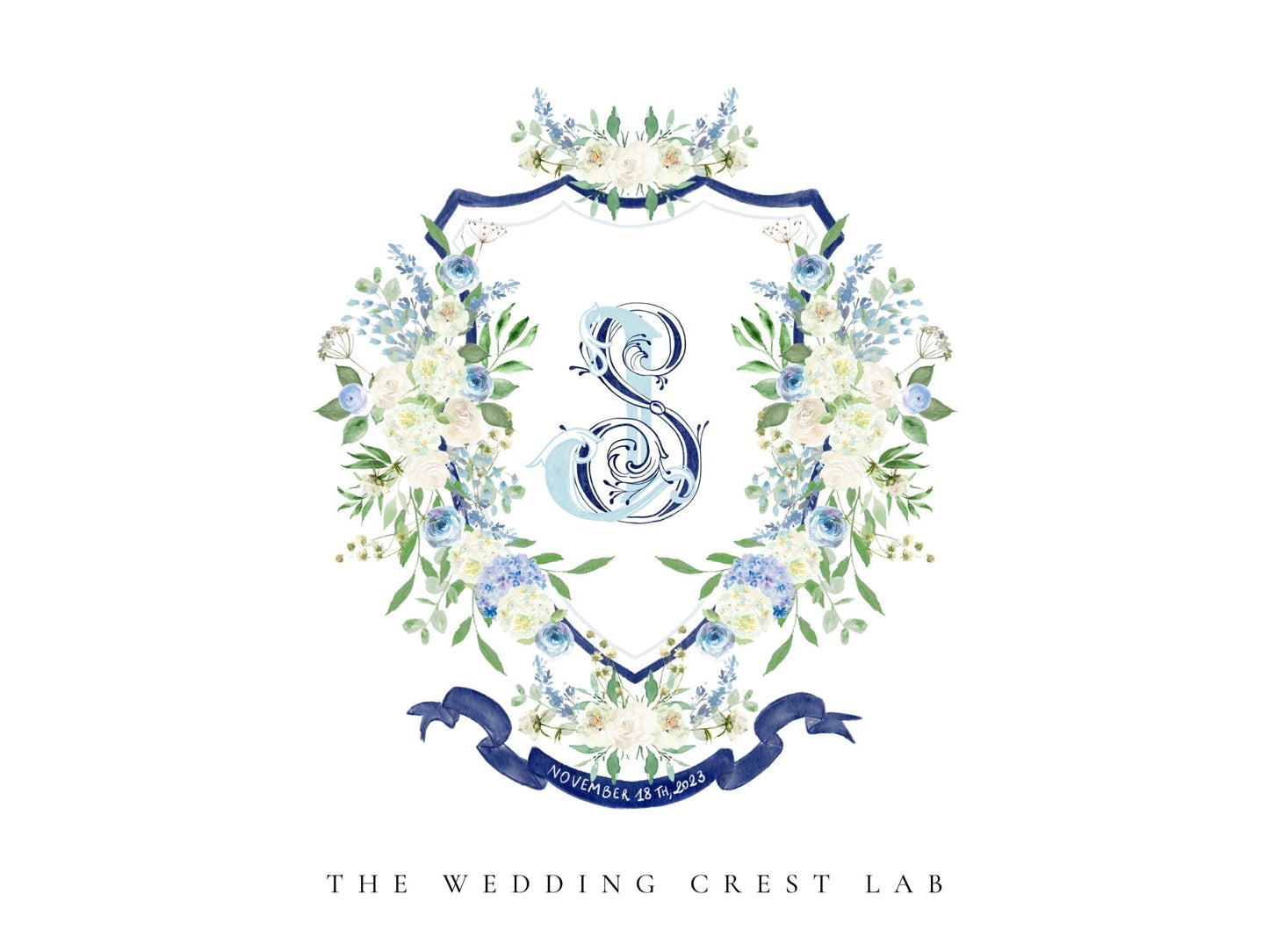 Custom wedding crest with watercolor flowers and pet or venue portrait The Wedding Crest Lab