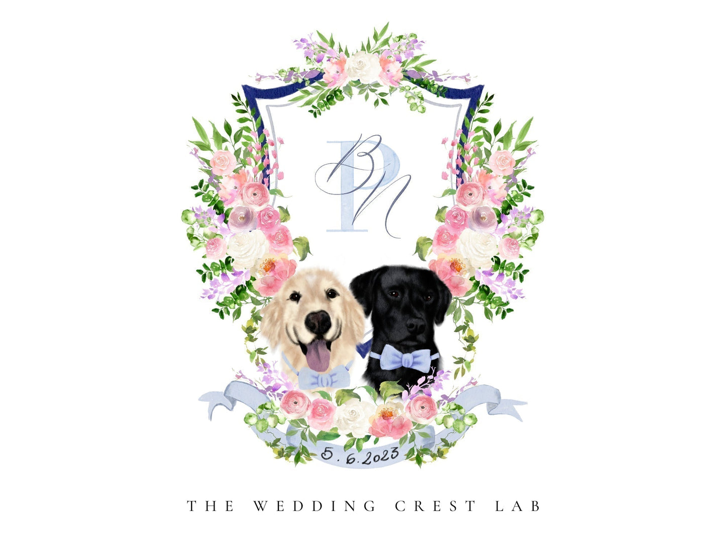 Custom wedding crest with watercolor flowers and pet or venue portrait The Wedding Crest Lab