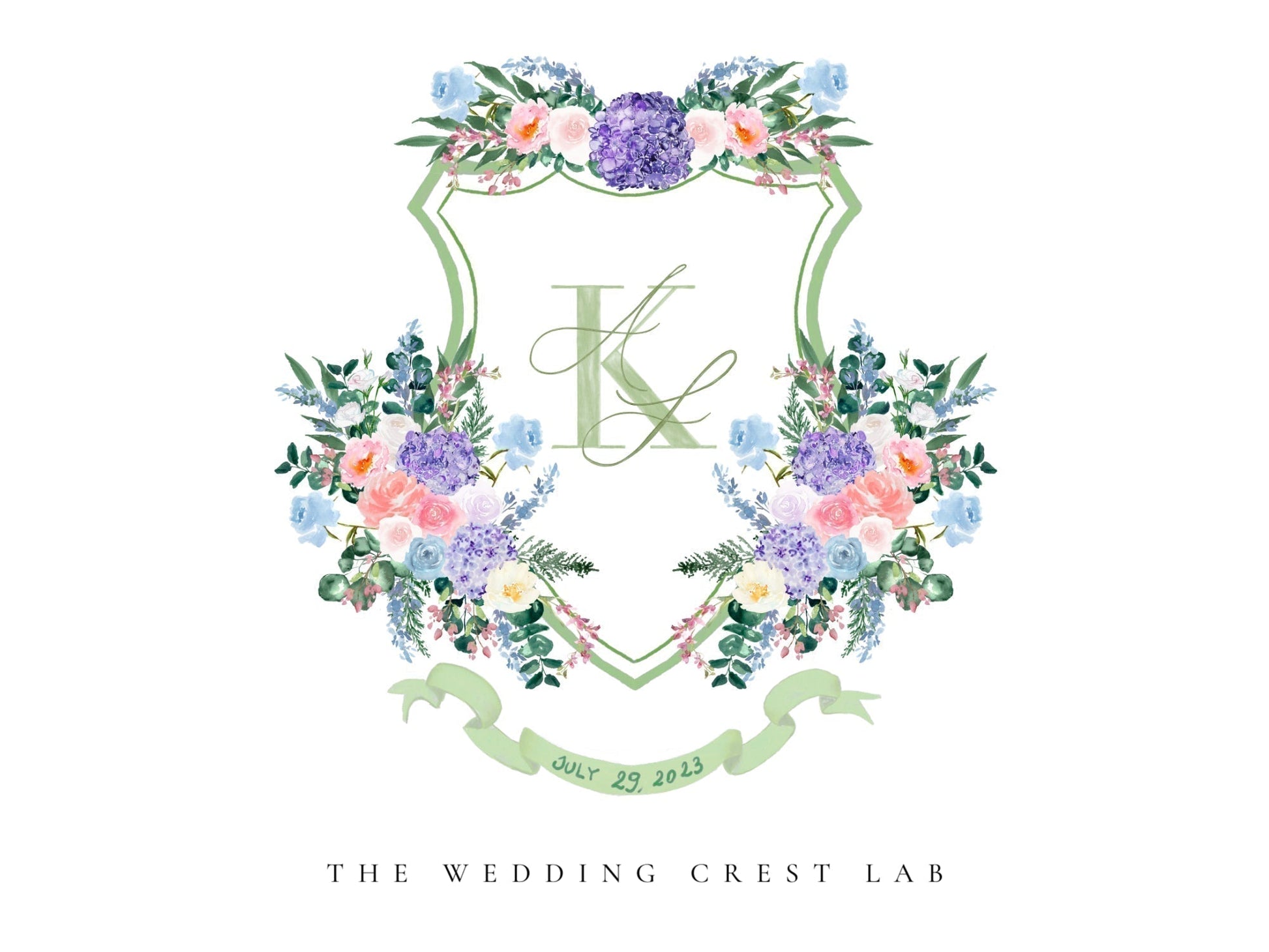 Custom wedding crest with watercolor flowers and pet or venue portrait The Wedding Crest Lab