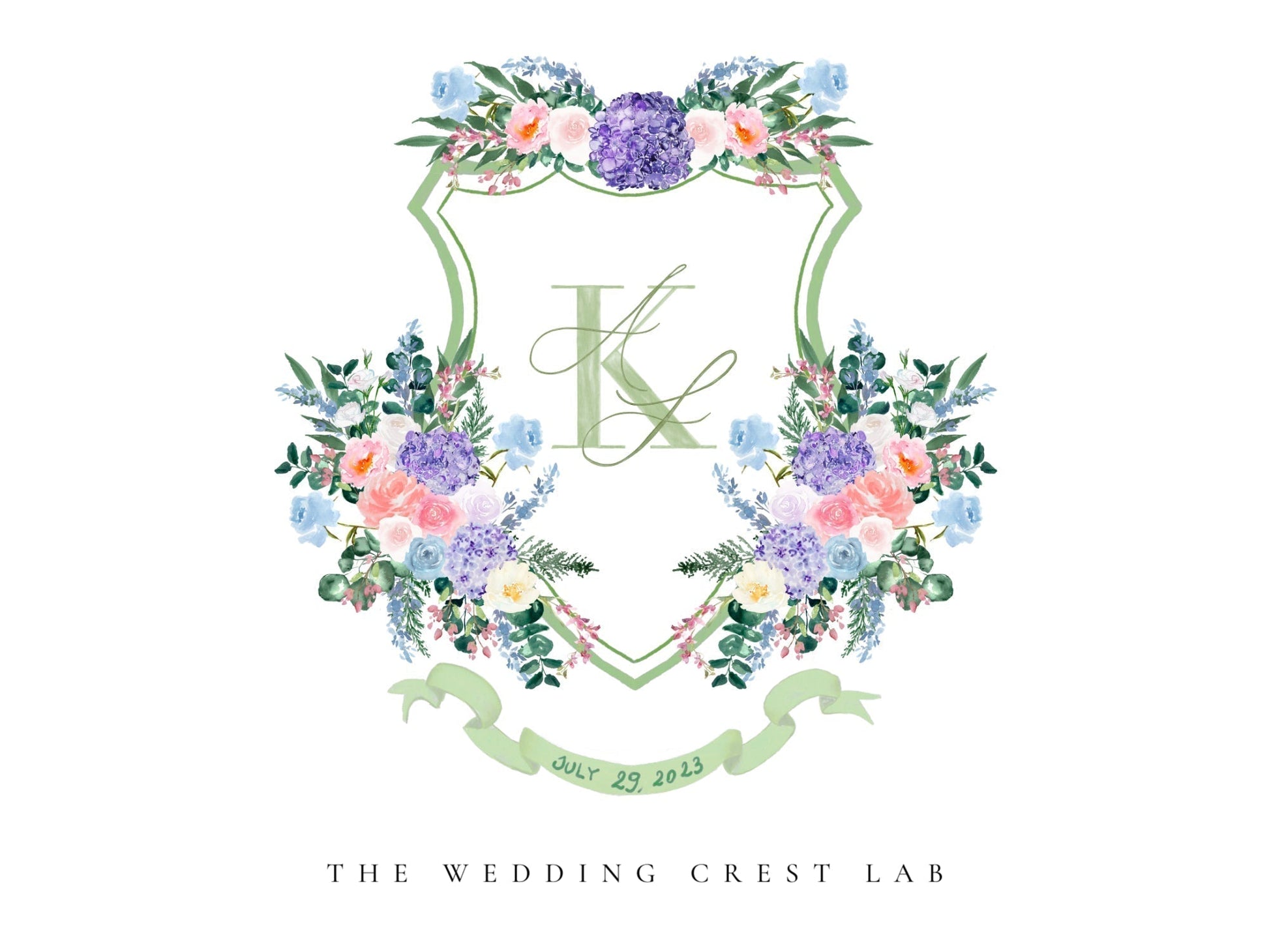 Custom wedding crest with watercolor flowers and pet or venue portrait The Wedding Crest Lab