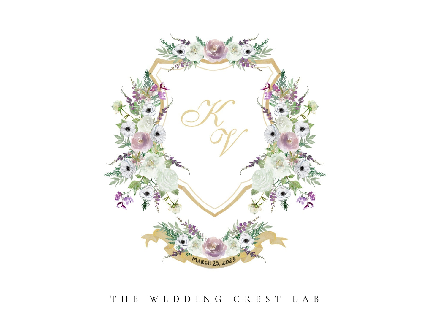 Custom wedding crest with watercolor flowers and pet or venue portrait The Wedding Crest Lab