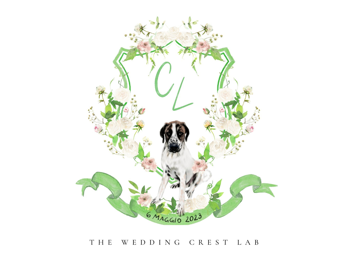 Custom wedding crest with watercolor flowers and pet or venue portrait The Wedding Crest Lab