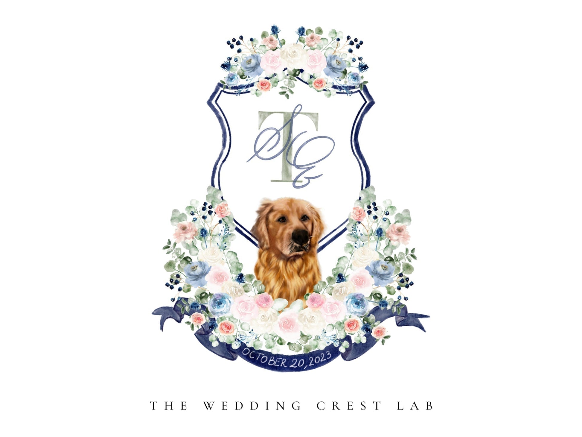 Custom wedding crest with watercolor flowers and pet or venue portrait The Wedding Crest Lab