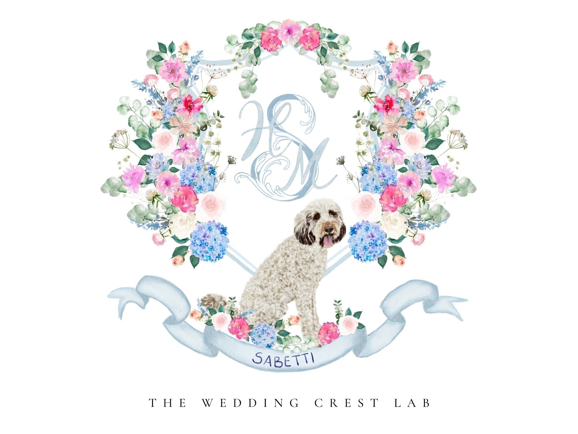 Custom wedding crest with watercolor flowers and pet or venue portrait The Wedding Crest Lab