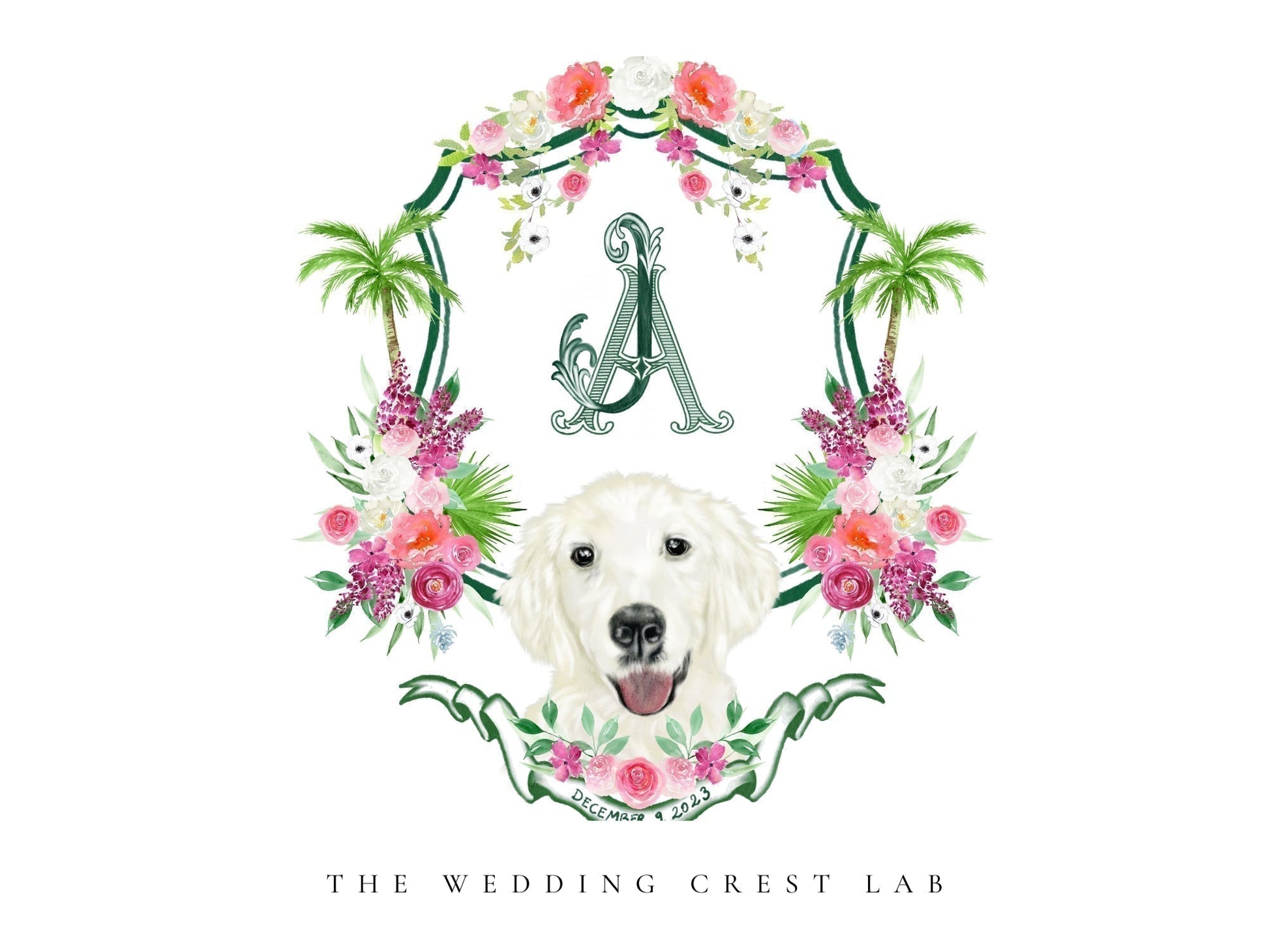 Custom wedding crest with watercolor flowers and pet or venue portrait The Wedding Crest Lab