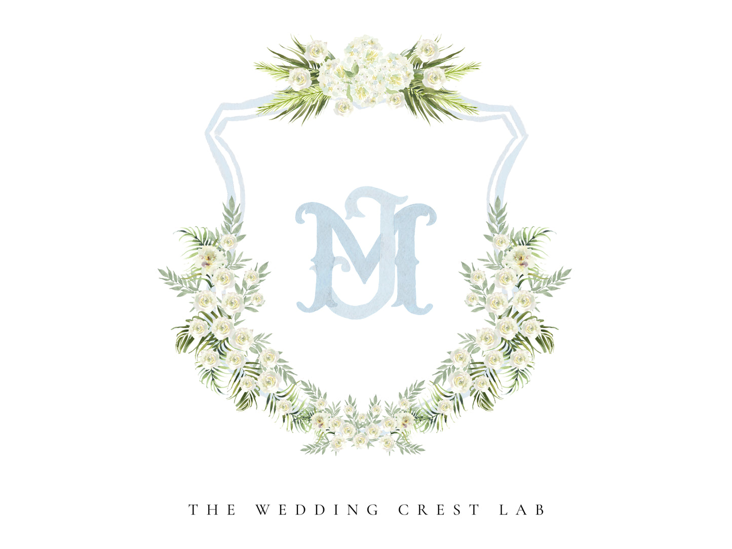 Custom wedding crest with watercolor flowers and pet or venue portrait The Wedding Crest Lab