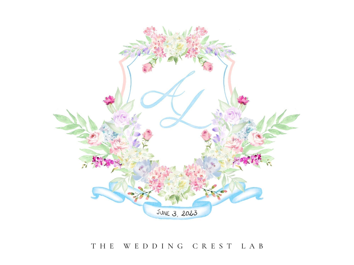 Custom wedding crest with watercolor flowers and pet or venue portrait The Wedding Crest Lab