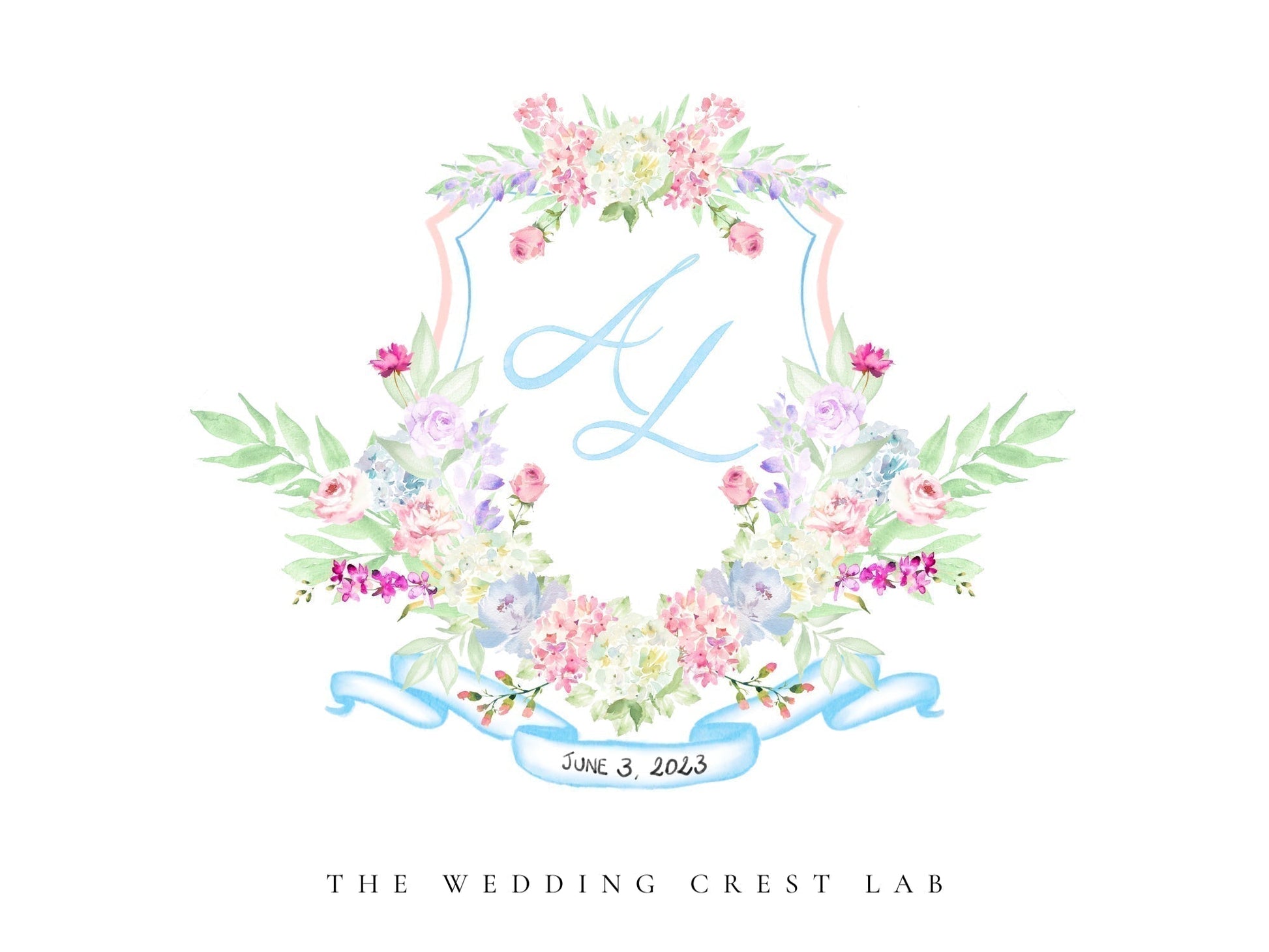 Custom wedding crest with watercolor flowers and pet or venue portrait The Wedding Crest Lab