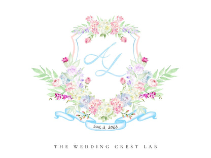 Custom wedding crest with watercolor flowers and pet or venue portrait The Wedding Crest Lab