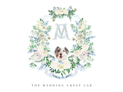 Custom wedding crest with watercolor flowers and pet or venue portrait The Wedding Crest Lab