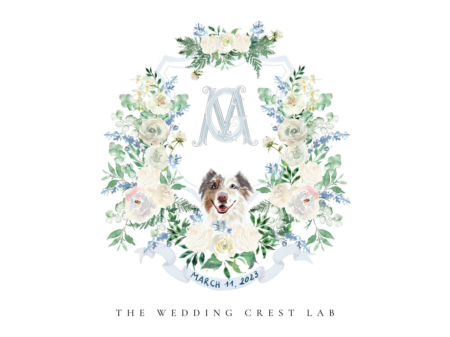 Custom wedding crest with watercolor flowers and pet or venue portrait The Wedding Crest Lab