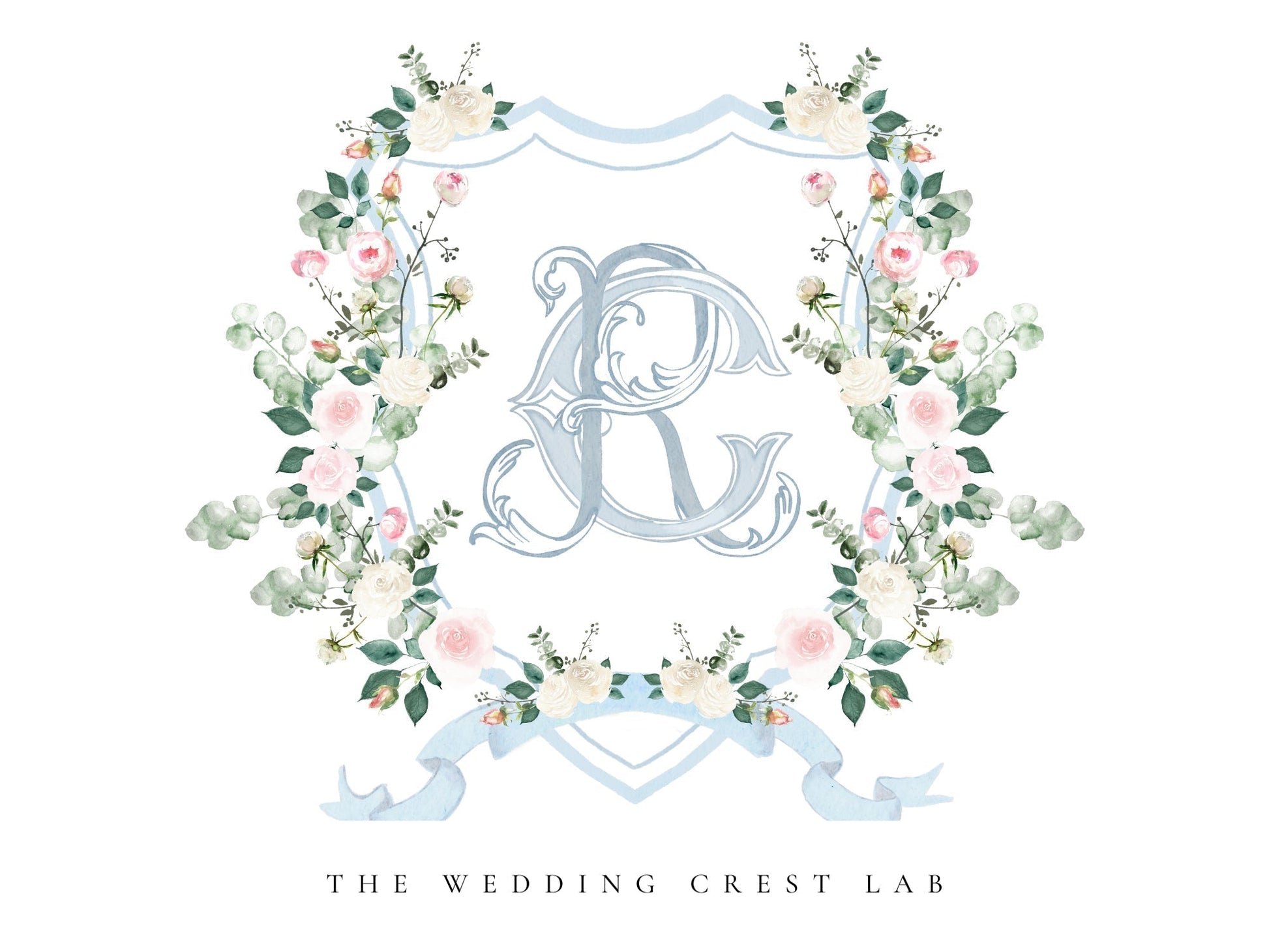 Custom wedding crest with watercolor flowers and pet or venue portrait The Wedding Crest Lab