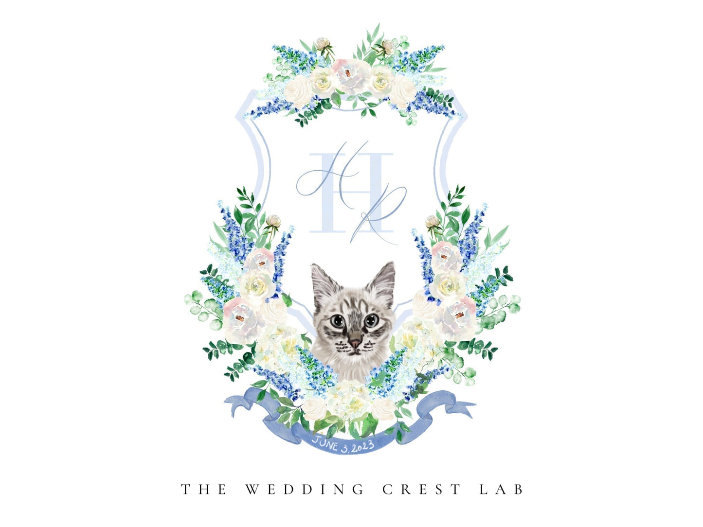 Custom wedding crest with watercolor flowers and pet or venue portrait The Wedding Crest Lab