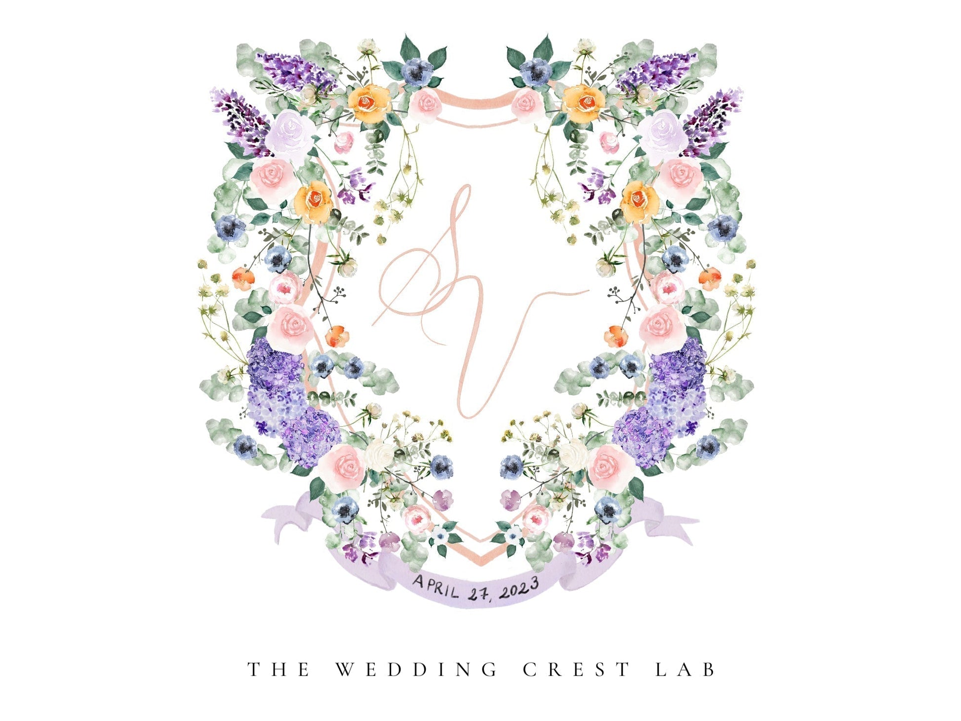 Custom wedding crest with watercolor flowers and pet or venue portrait The Wedding Crest Lab