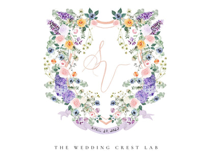 Custom wedding crest with watercolor flowers and pet or venue portrait The Wedding Crest Lab