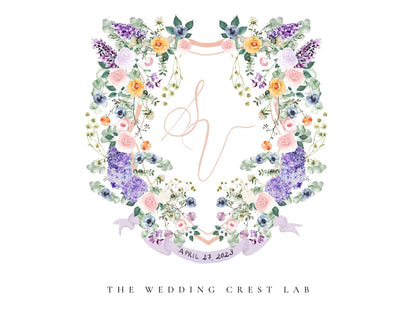 Custom wedding crest with watercolor flowers and pet or venue portrait The Wedding Crest Lab