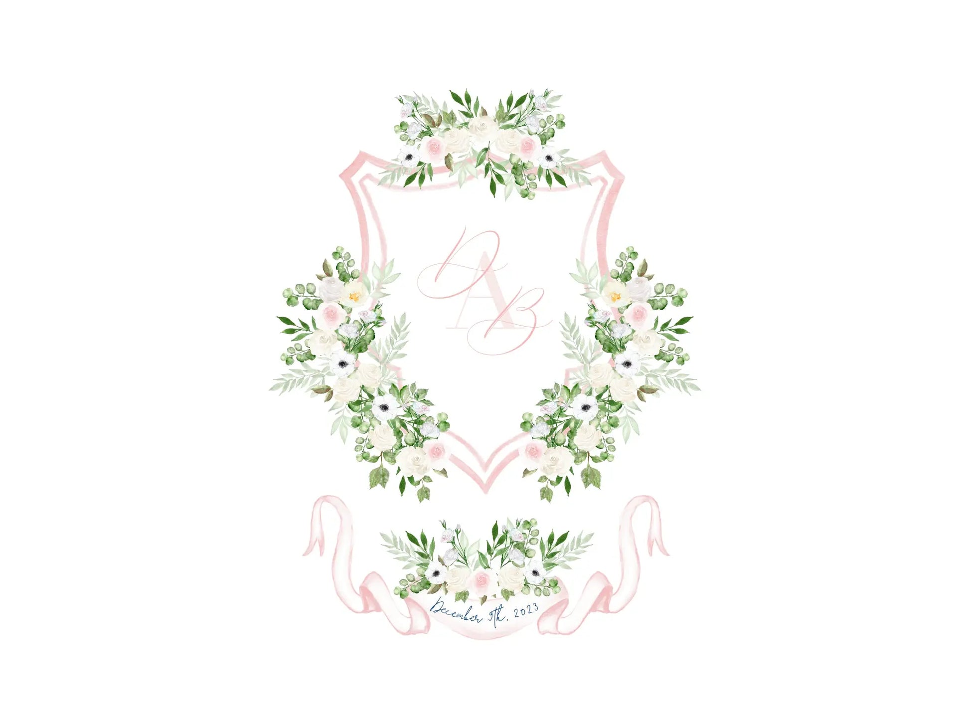 Pink and White Wedding Crest, White floral watercolor crest The Wedding Crest Lab