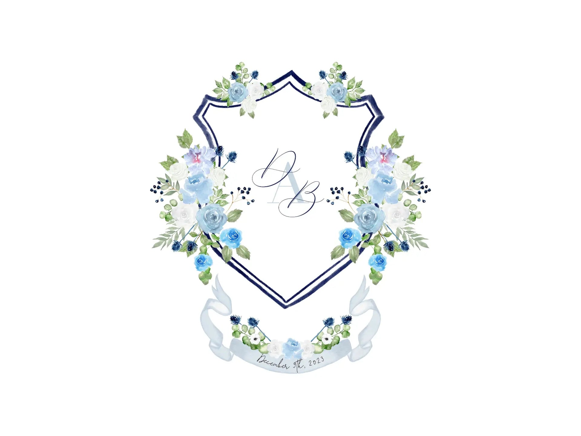 Blue and White Wedding Crest | Monogram Crest | Golden Retriever Crest |  Watercolor Crest | White floral crest
